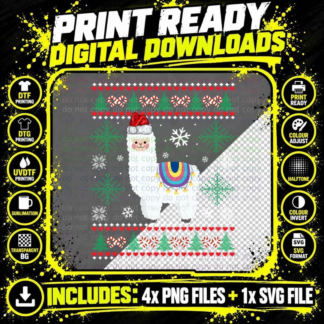 Christmas Llama Santa Hat T-Shirt, Festive Holiday Style Png SVG Digital Bundle