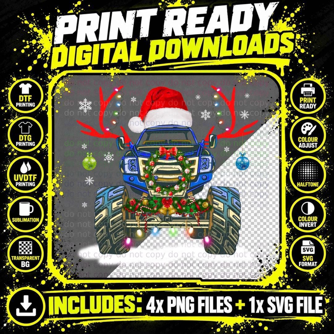 Christmas Monster Truck T-Shirt, Festive Holiday Print Png SVG Digital Bundle