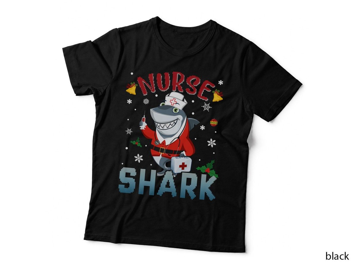 Christmas Nurse Shark T-Shirt, Ugly Sweater Style, Festive Holiday Apparel