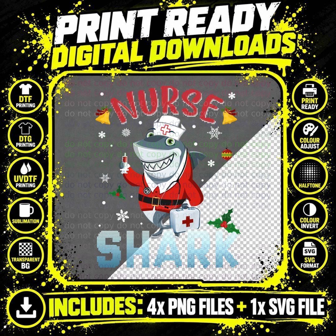 Christmas Nurse Shark T-Shirt, Ugly Sweater Style Png SVG Digital Bundle