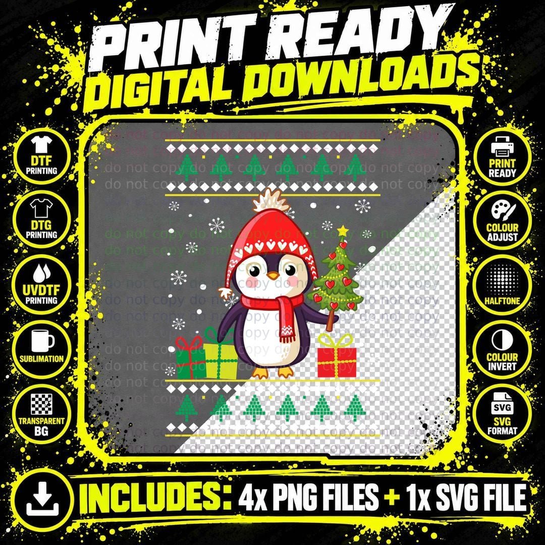 Christmas Penguin T-Shirt, Festive Holiday Style Png SVG Digital Bundle