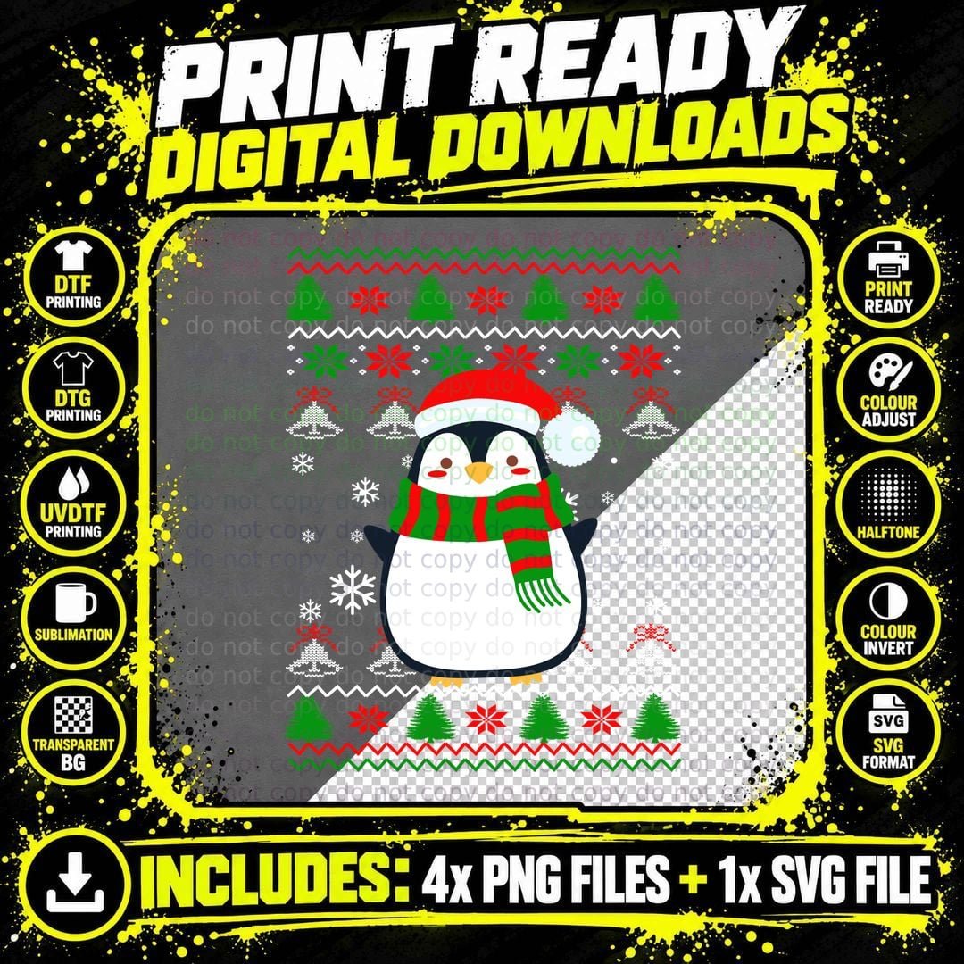 Christmas Penguin T-Shirt, Festive Holiday Style Png SVG Digital Bundle