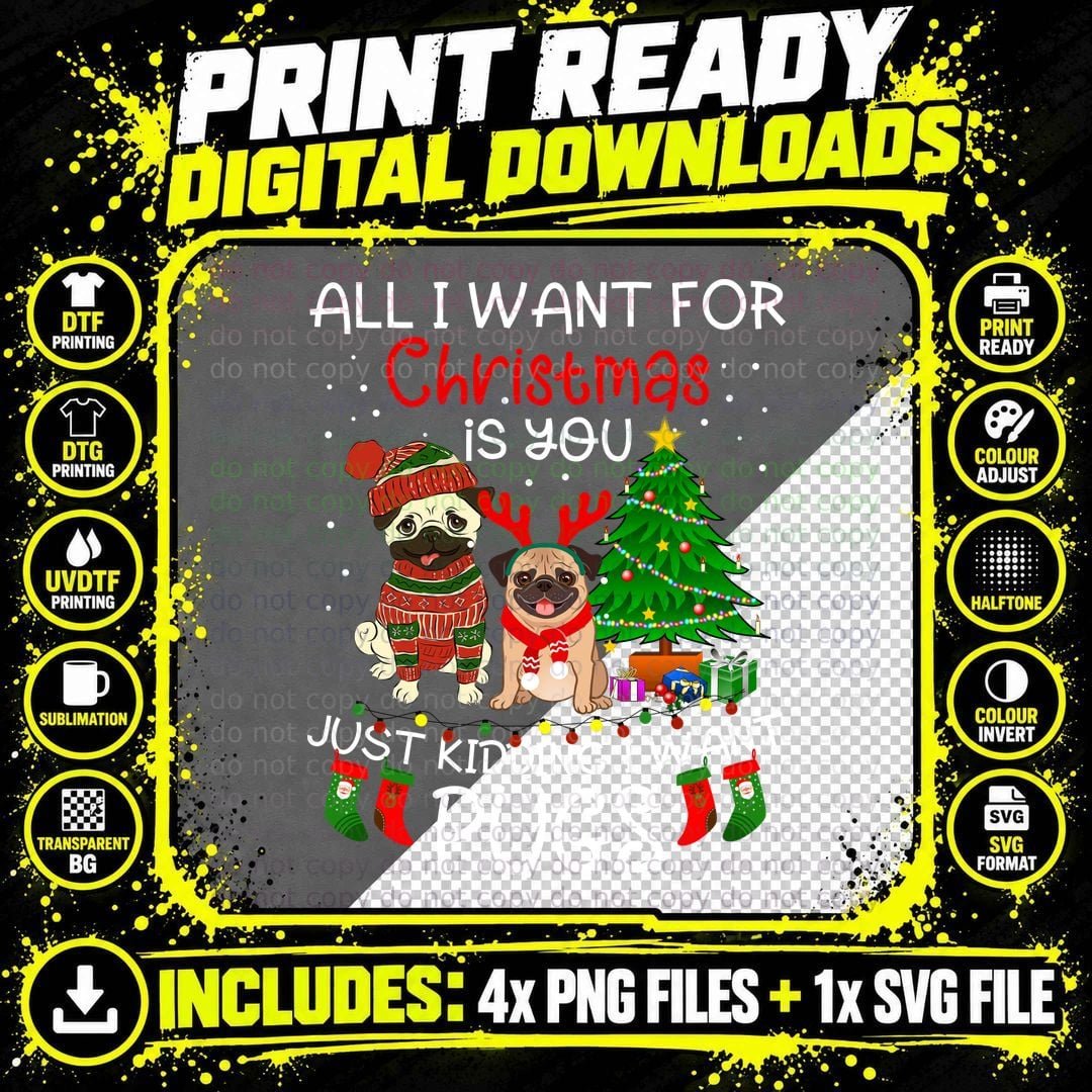Christmas Pugs T-Shirt, Festive Holiday Style Png SVG Digital Bundle