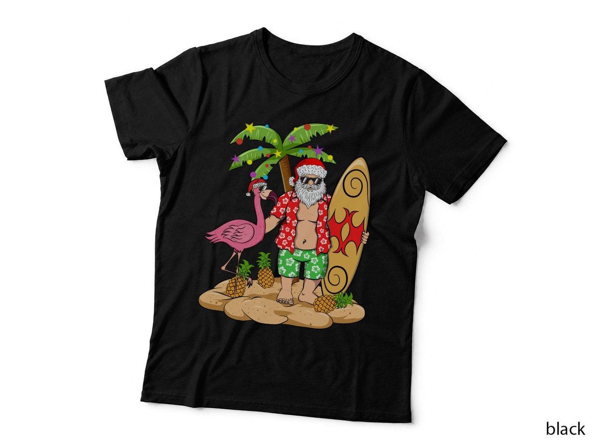 Christmas Santa Flamingo Palm Tree T-Shirt, Holiday Beach Party, Festive Fun