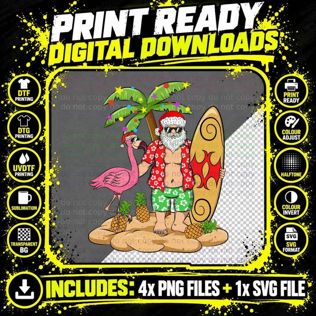 Christmas Santa Flamingo Palm Tree T-Shirt Png SVG Digital Bundle