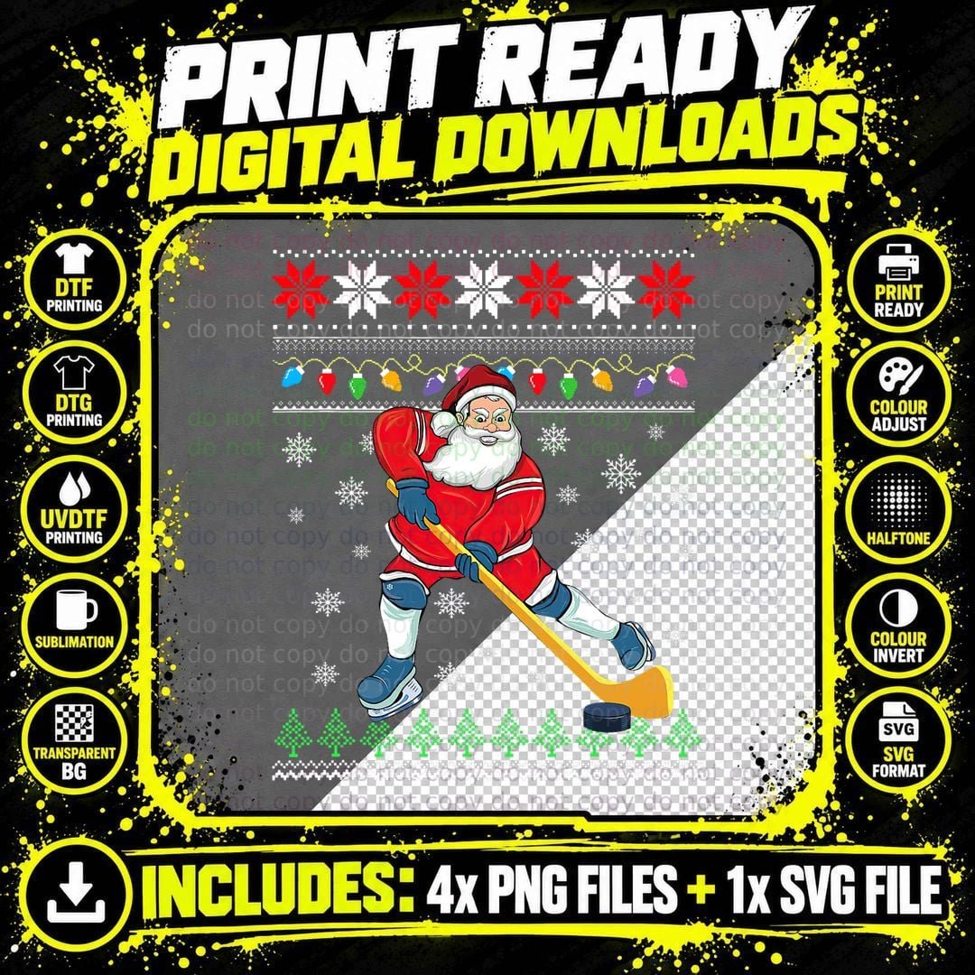 Christmas Santa Play Ice Hockey T-Shirt Png SVG Digital Bundle