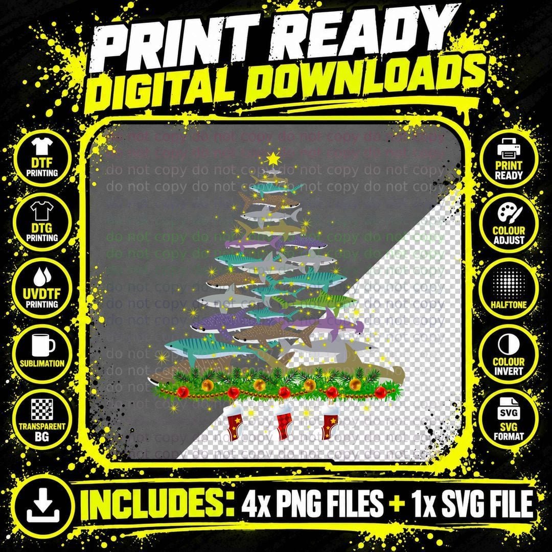 Christmas Shark Tree T-Shirt, Festive Holiday Design Png SVG Digital Bundle