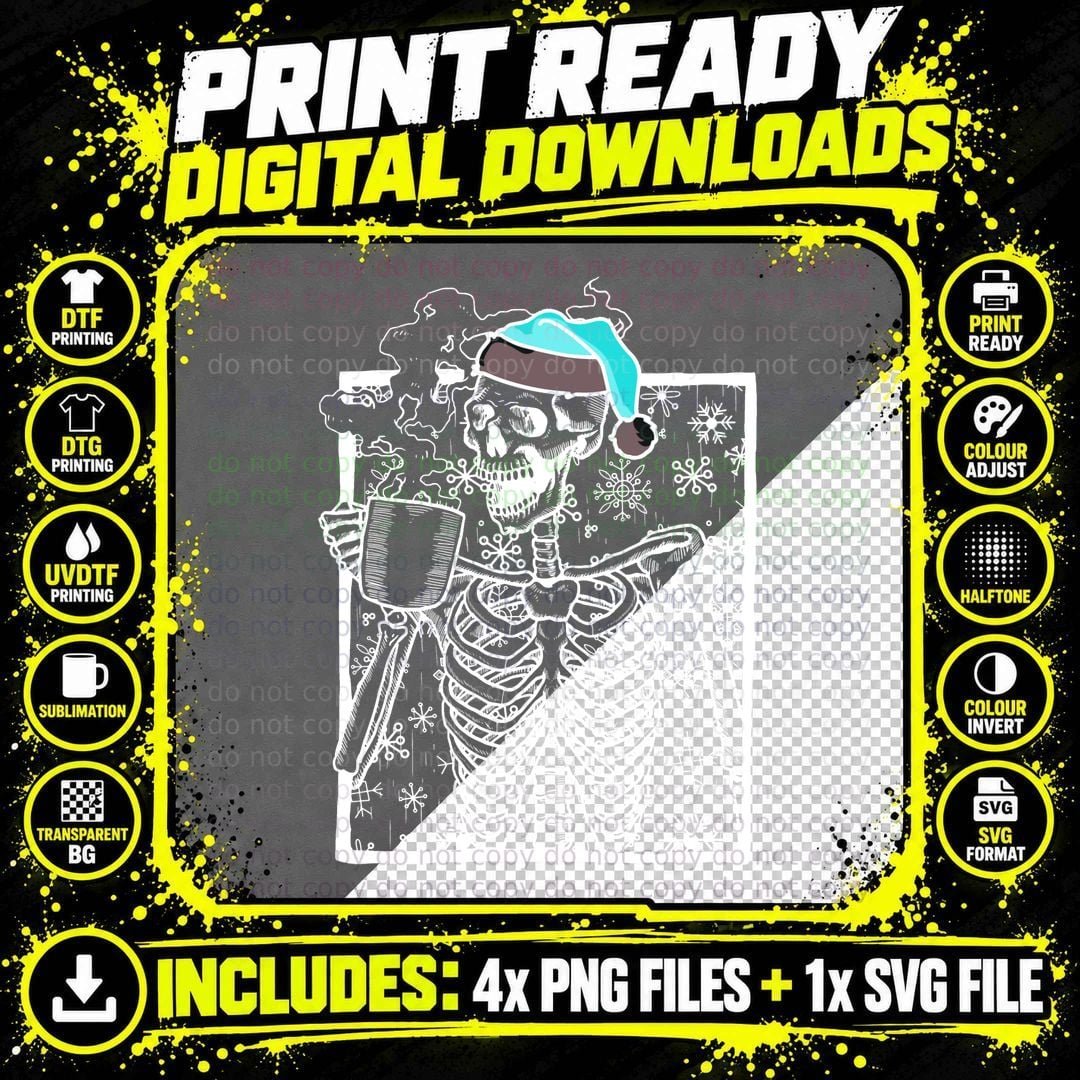 Christmas Skeleton Drinking Coffee T-Shirt Png SVG Digital Bundle