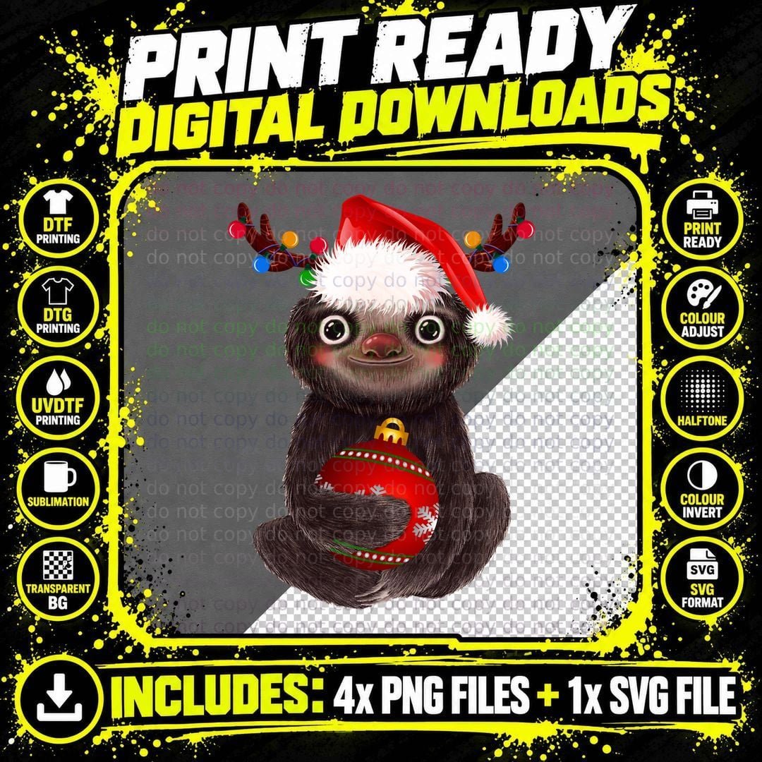 Christmas Sloth T-Shirt, Festive Animal Print Png SVG Digital Bundle