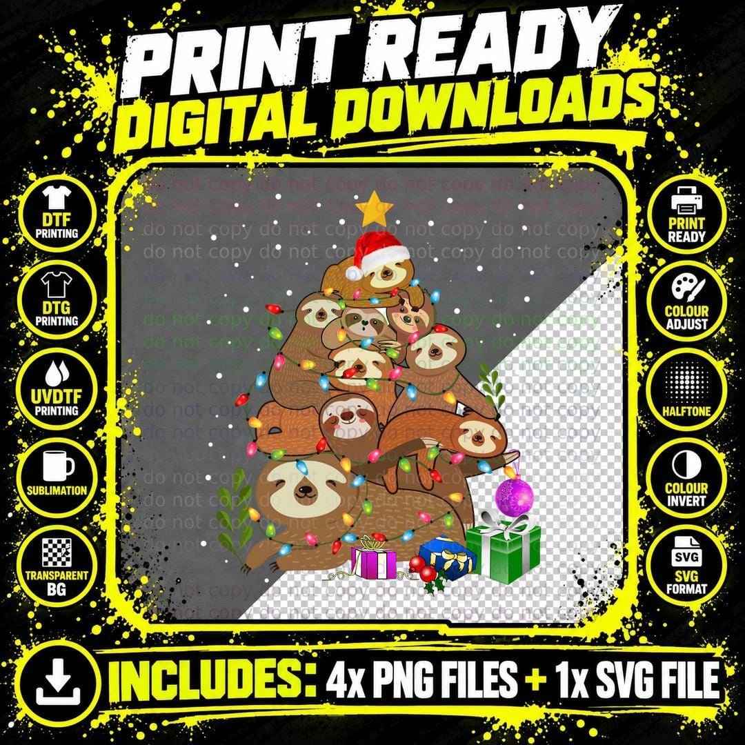 Christmas Sloth Tree T-Shirt, Festive Holiday Design Png SVG Digital Bundle