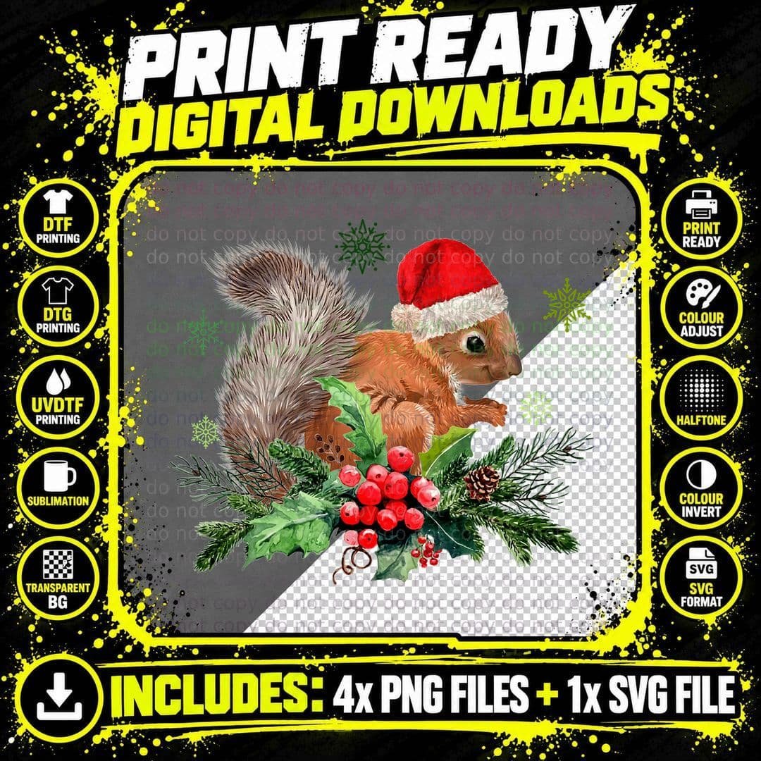 Christmas Squirrel Santa Hat T-Shirt Png SVG Digital Bundle