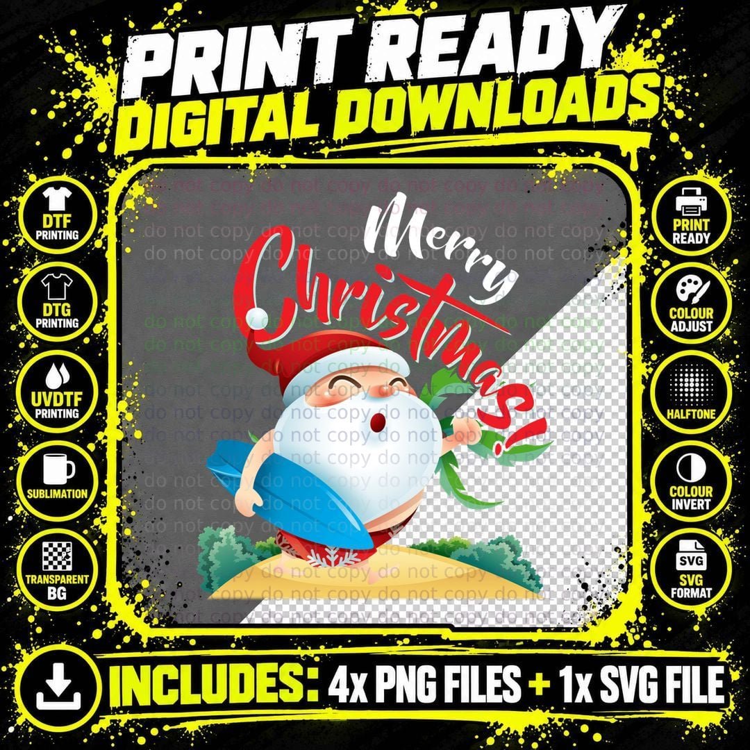 Christmas Surfing Santa T-Shirt, Hawaiian Beach Style Png SVG Digital Bundle