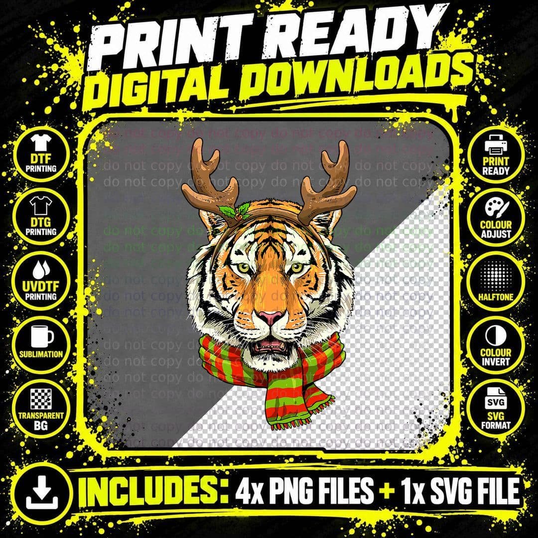Christmas Tiger Reindeer T-Shirt, Festive Animal Print Png SVG Digital Bundle