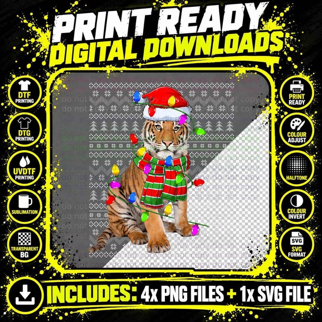 Christmas Tiger Santa Hat T-Shirt, Festive Animal Print Png SVG Digital Bundle