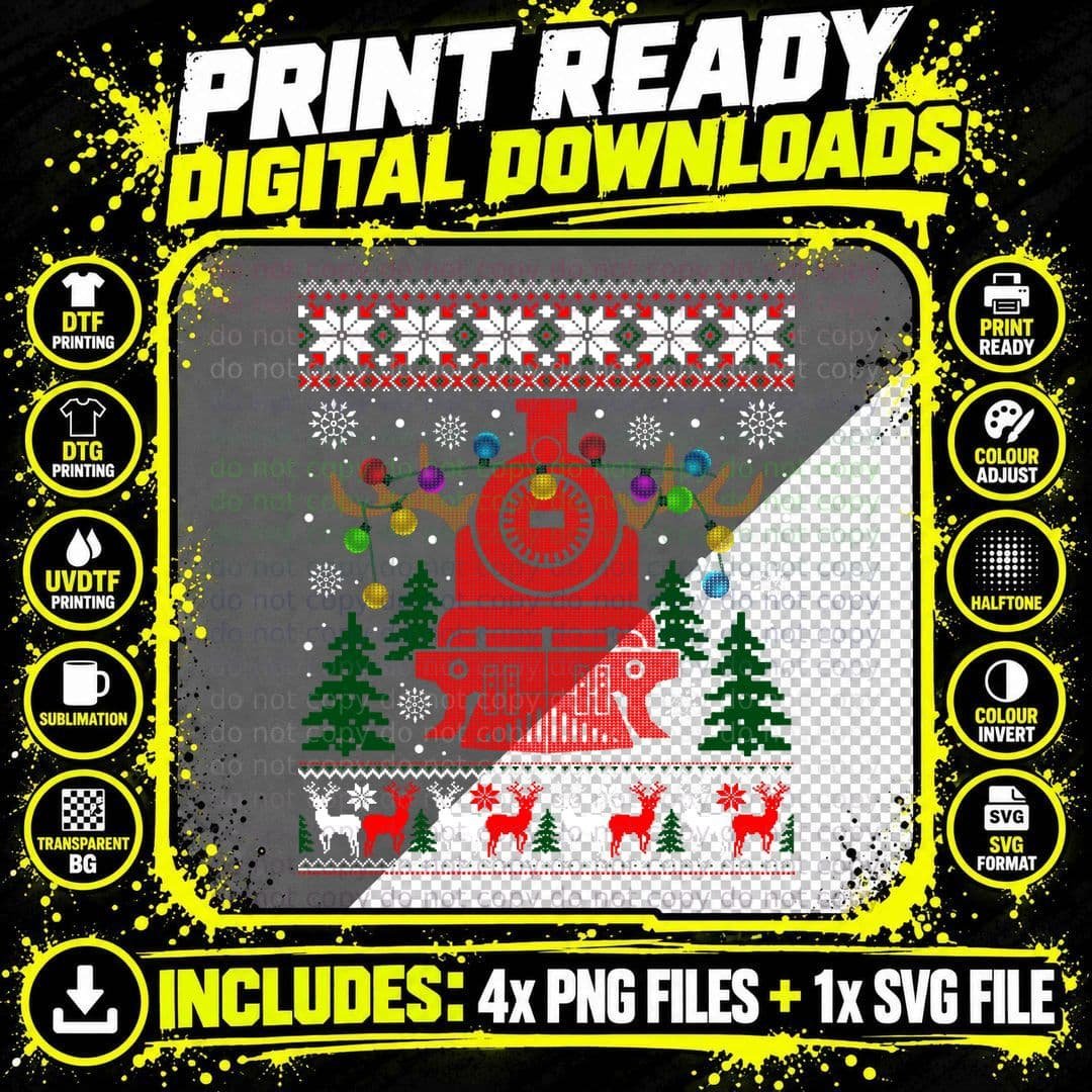 Christmas Train Reindeer Ugly Sweater Sweatshirt Png SVG Digital Bundle