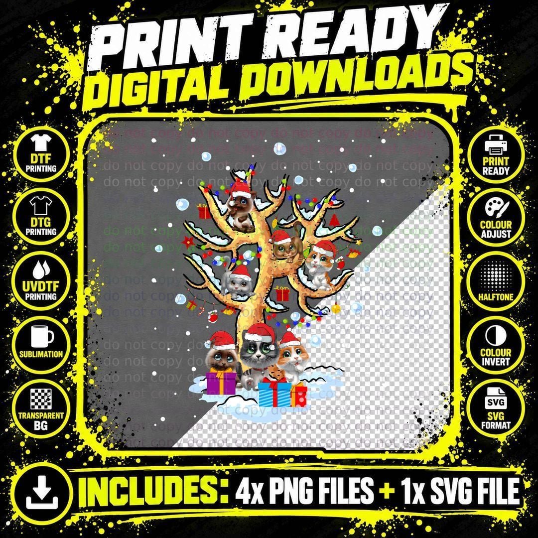 Christmas Tree Cats T-Shirt, Festive Holiday Print Png SVG Digital Bundle