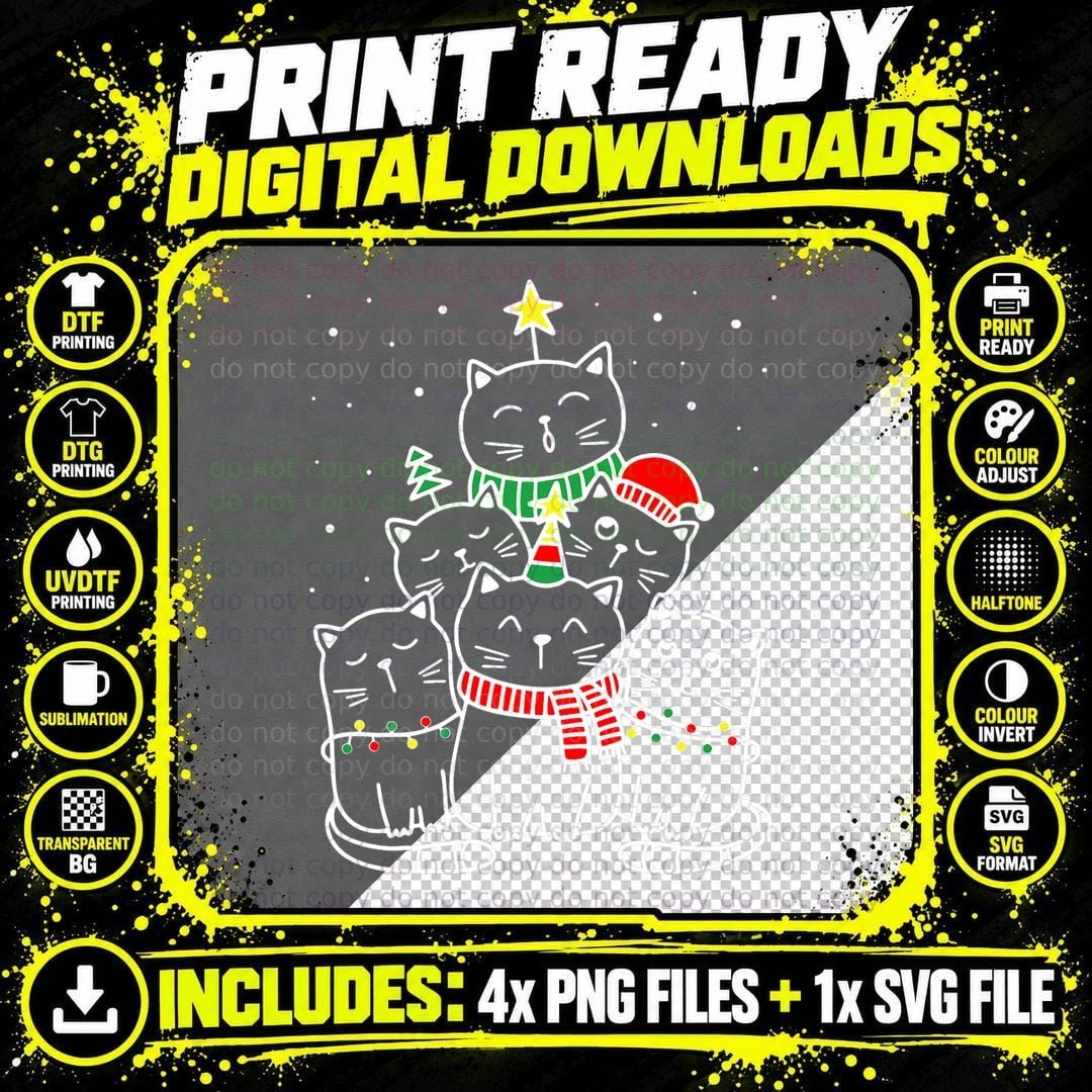 Christmas Tree Cats T-Shirt Png SVG Digital Bundle