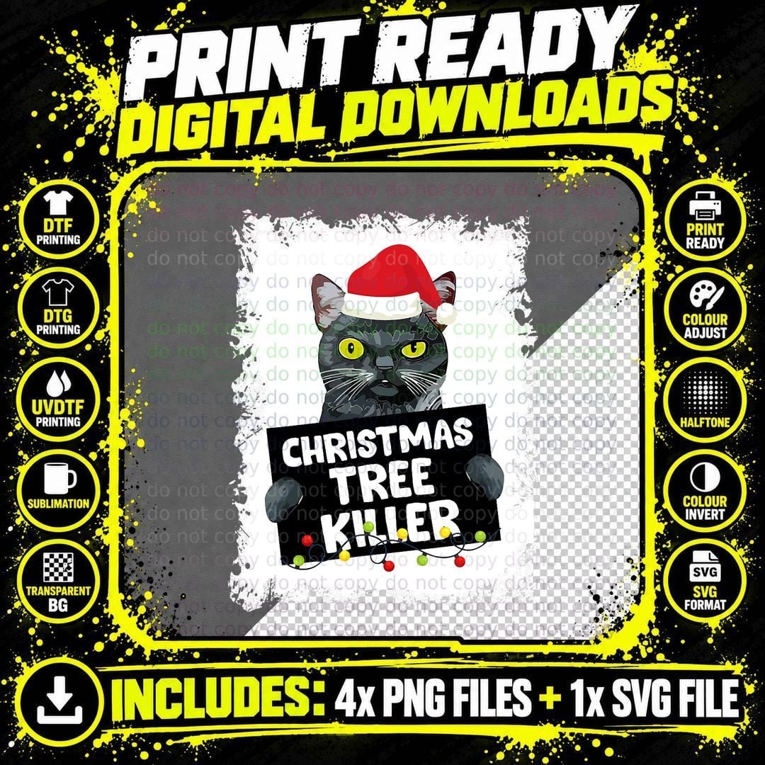 Christmas Tree Killer Naughty Black Cat Ugly Christmas Png SVG Digital Bundle