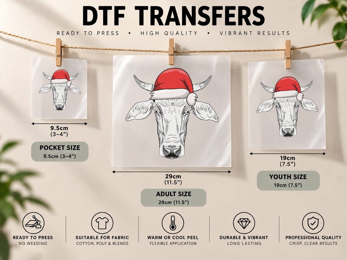 Cow Head Santa Hat Christmas, Festive Farm Animal DTF Transfer Iron On