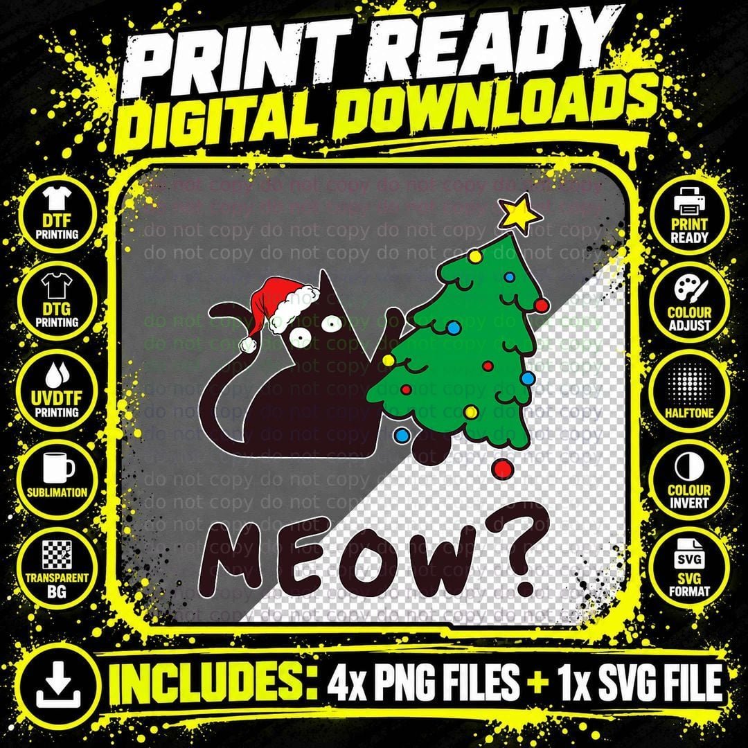 Crazy Black Cat Pushing Christmas Tree Over Meow T-Shirt Png SVG Digital Bundle