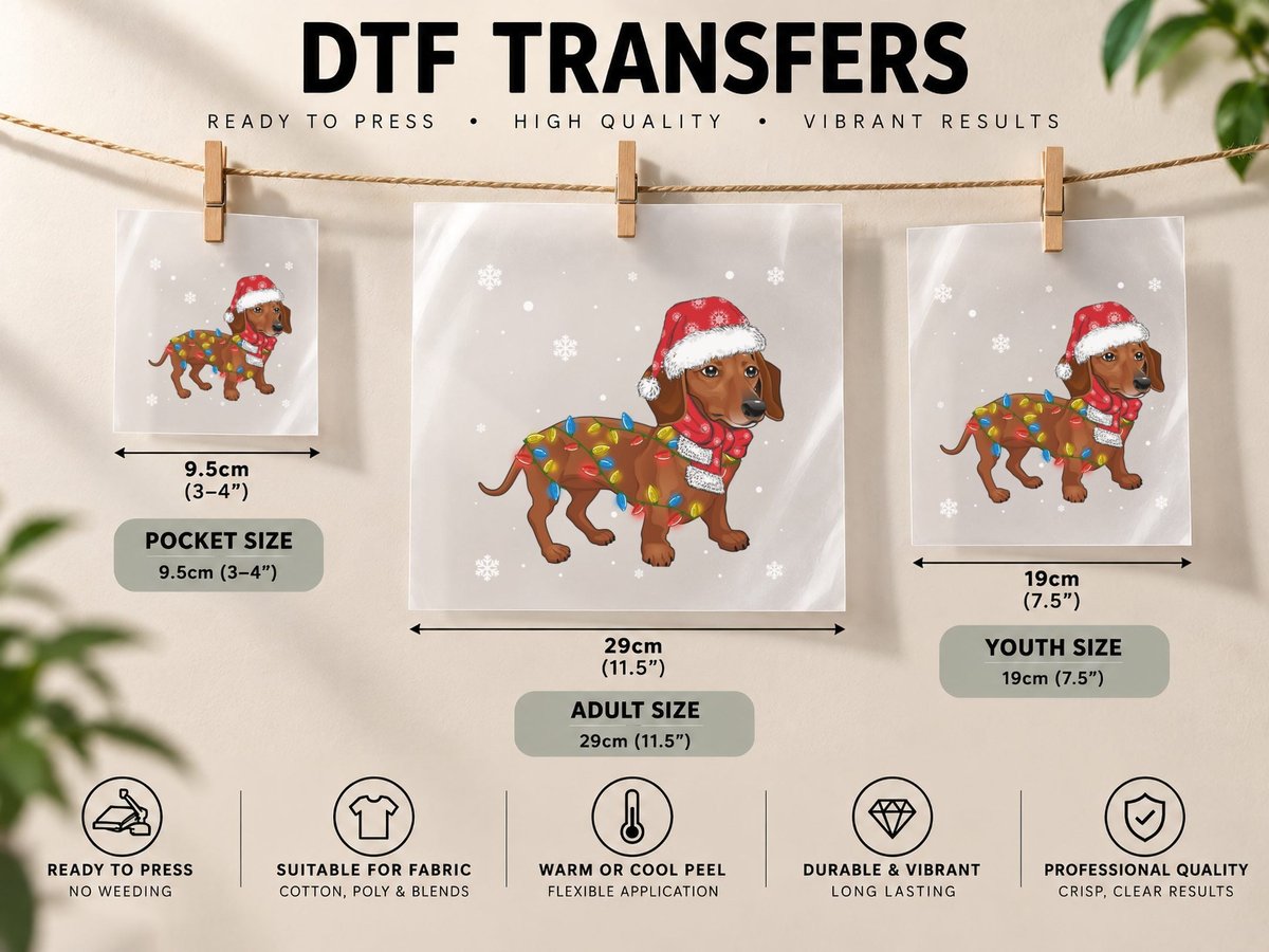 Dachshund Christmas Lights, Festive Holiday Print DTF Transfer Iron On