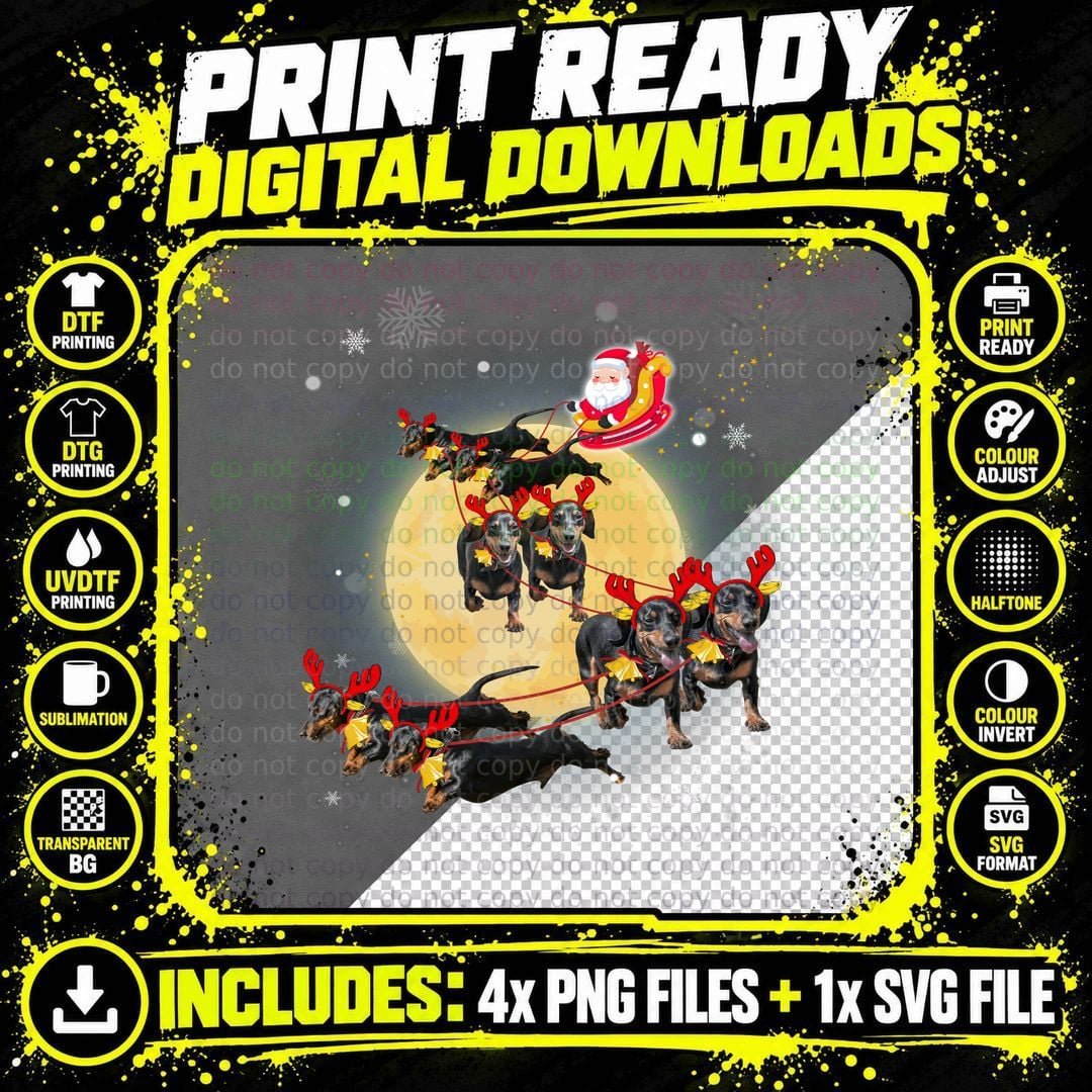 Dachshund Reindeer Pulling Santa Sleigh T-Shirt Png SVG Digital Bundle