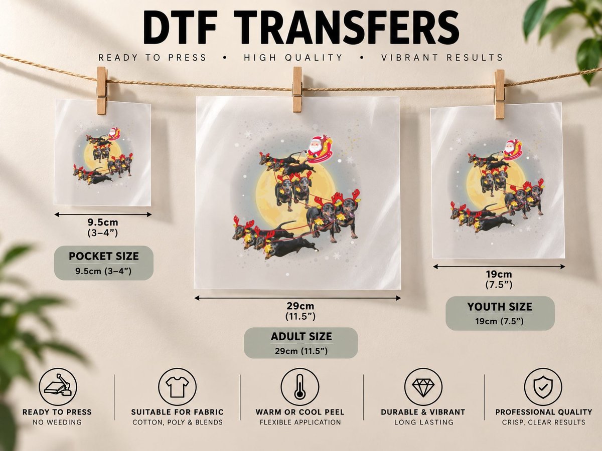 Dachshund Reindeer Pulling Santa Sleigh, Festive Christmas DTF Transfer Iron On