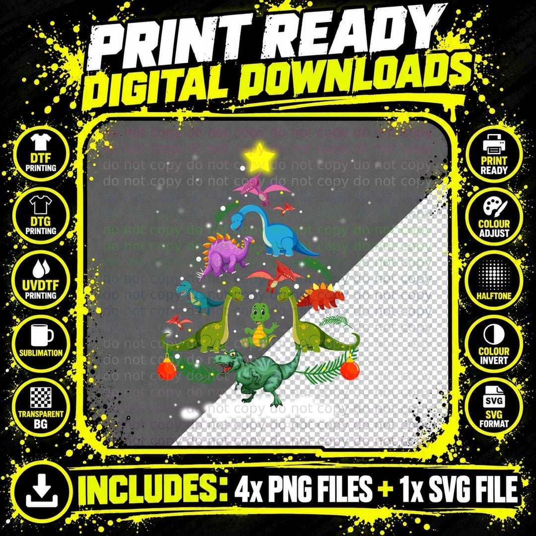 Dinosaur Christmas Tree T-Shirt, Festive Holiday Print Png SVG Digital Bundle