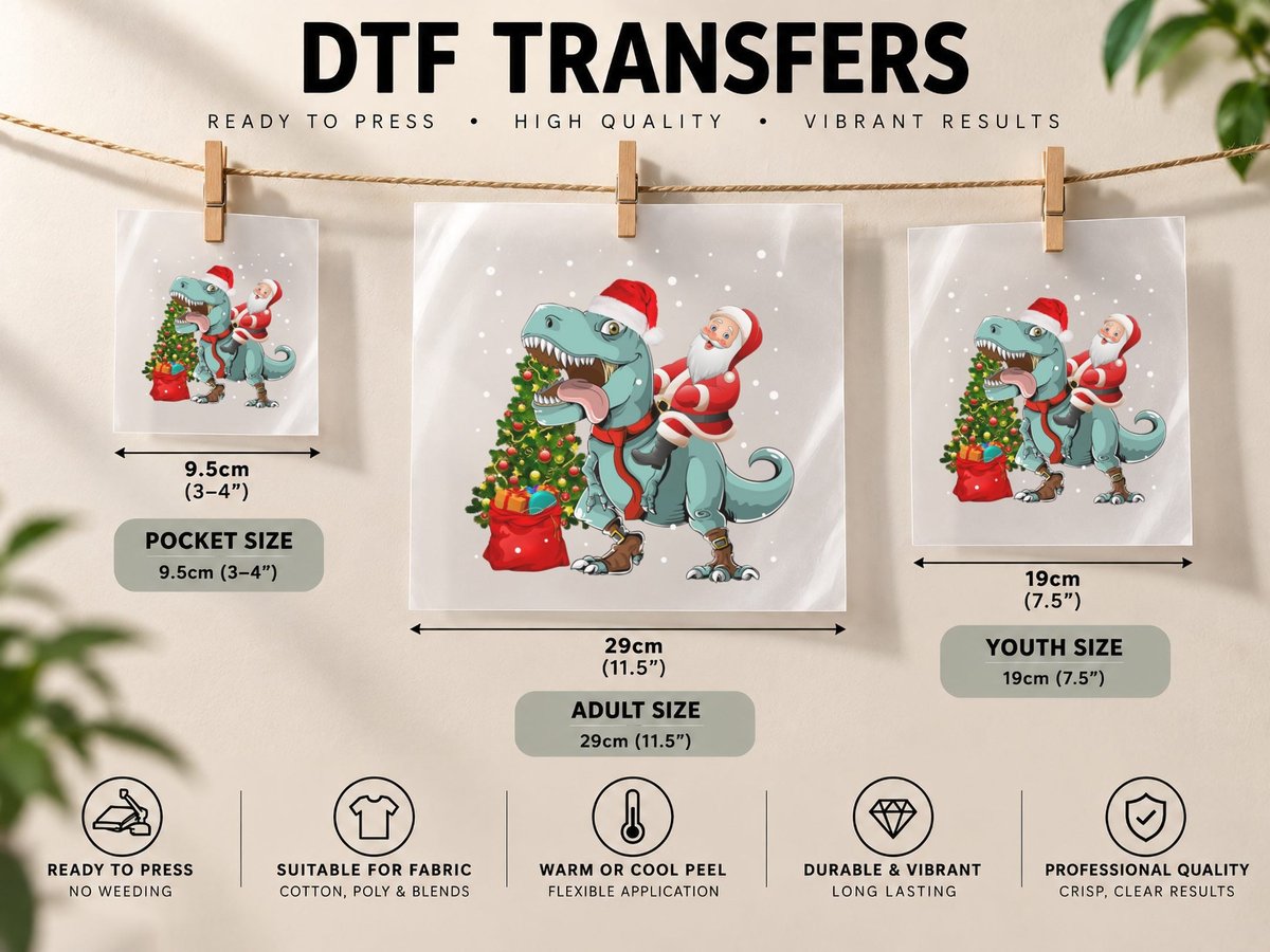 Dinosaur Santa Christmas, Festive Holiday Print, Pet Lover DTF Transfer Iron On