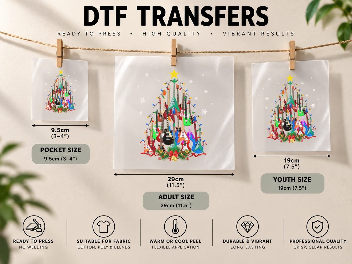 Electric Guitar Christmas Tree, Musical Holiday Theme DTF Transfer Iron On