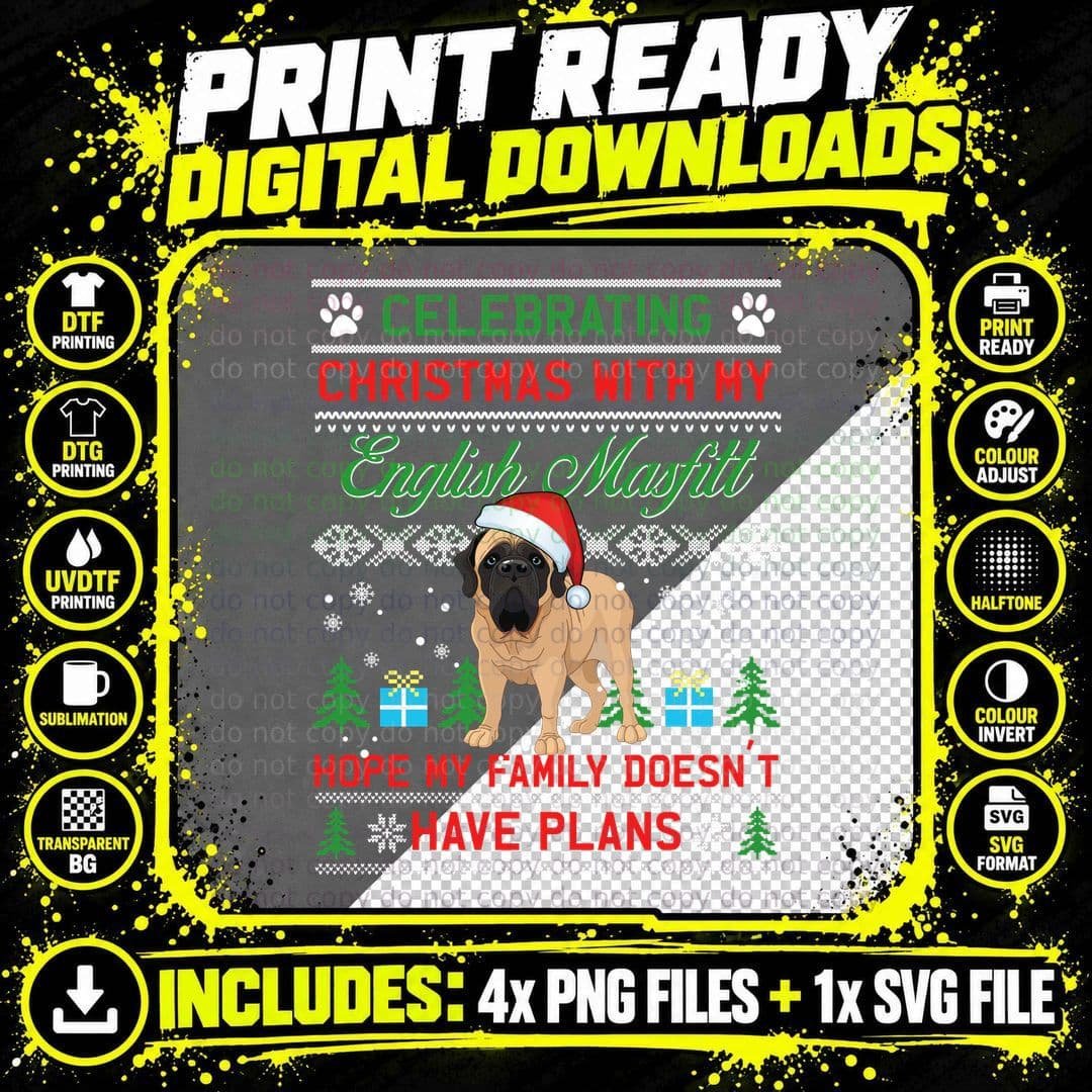English Mastiff Christmas T-Shirt, Festive Pet Lover Png SVG Digital Bundle
