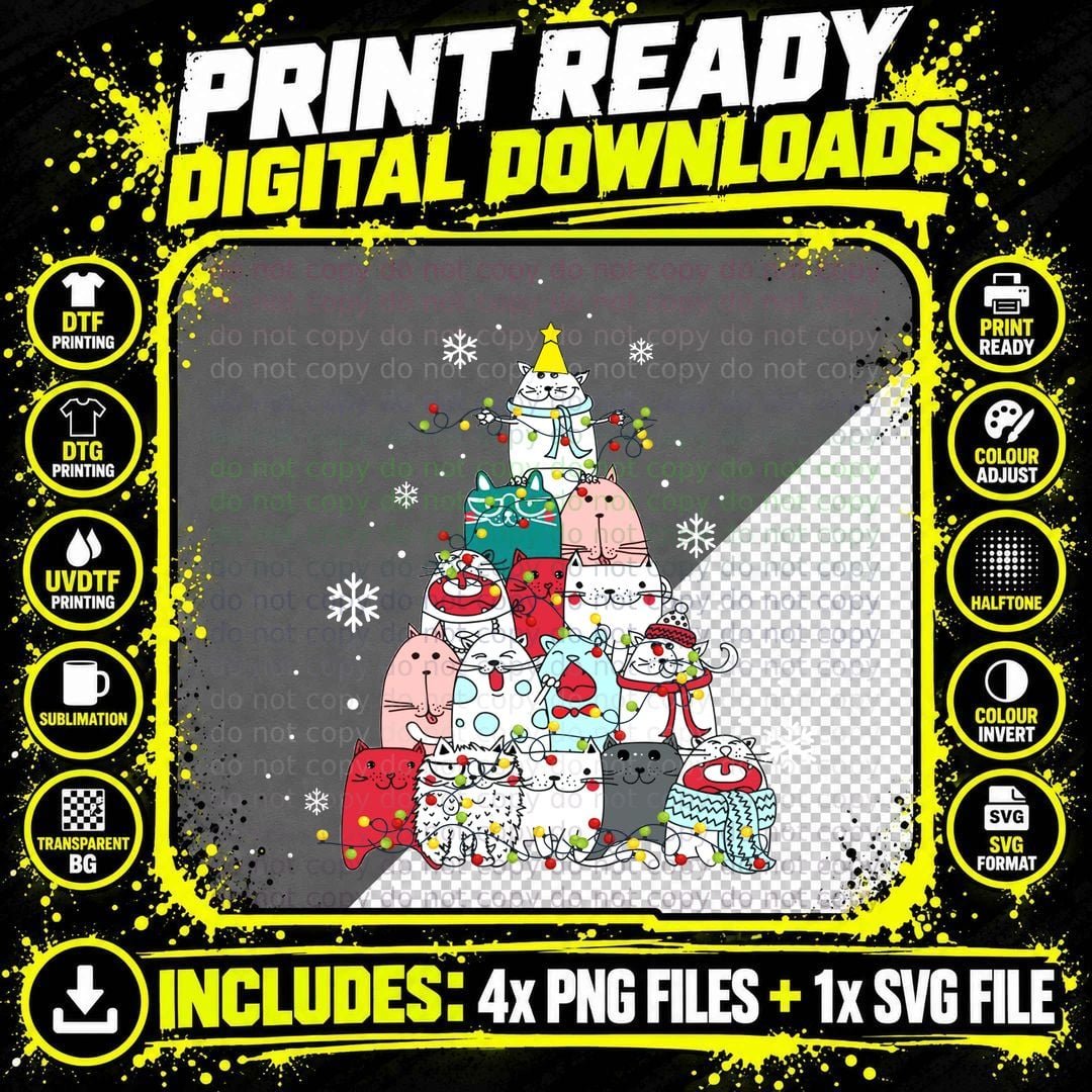 Fat Cat Christmas Tree Kitten T-Shirt Png SVG Digital Bundle