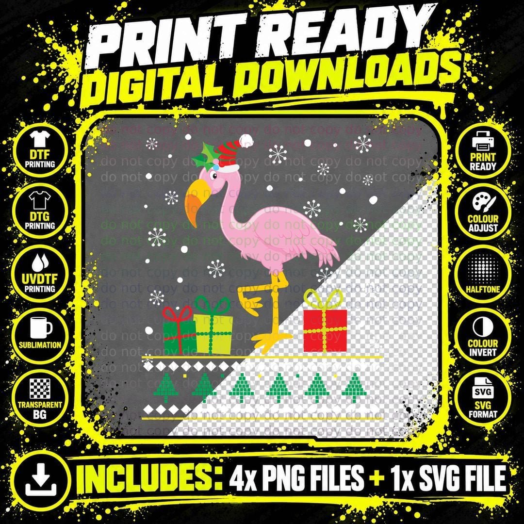 Festive Christmas Flamingo T-Shirt, Holiday Print Png SVG Digital Bundle