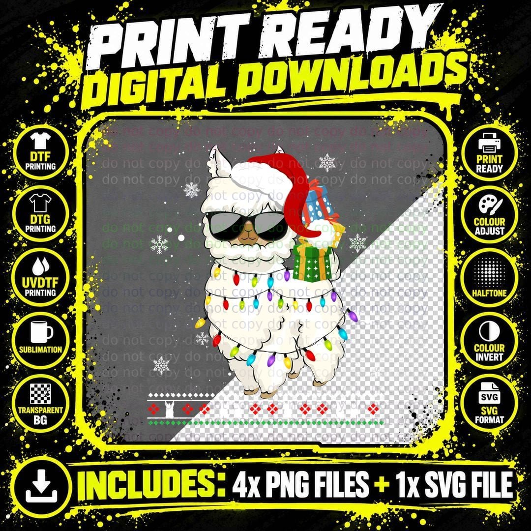 Festive Llama Christmas T-Shirt, Holiday Lights Png SVG Digital Bundle