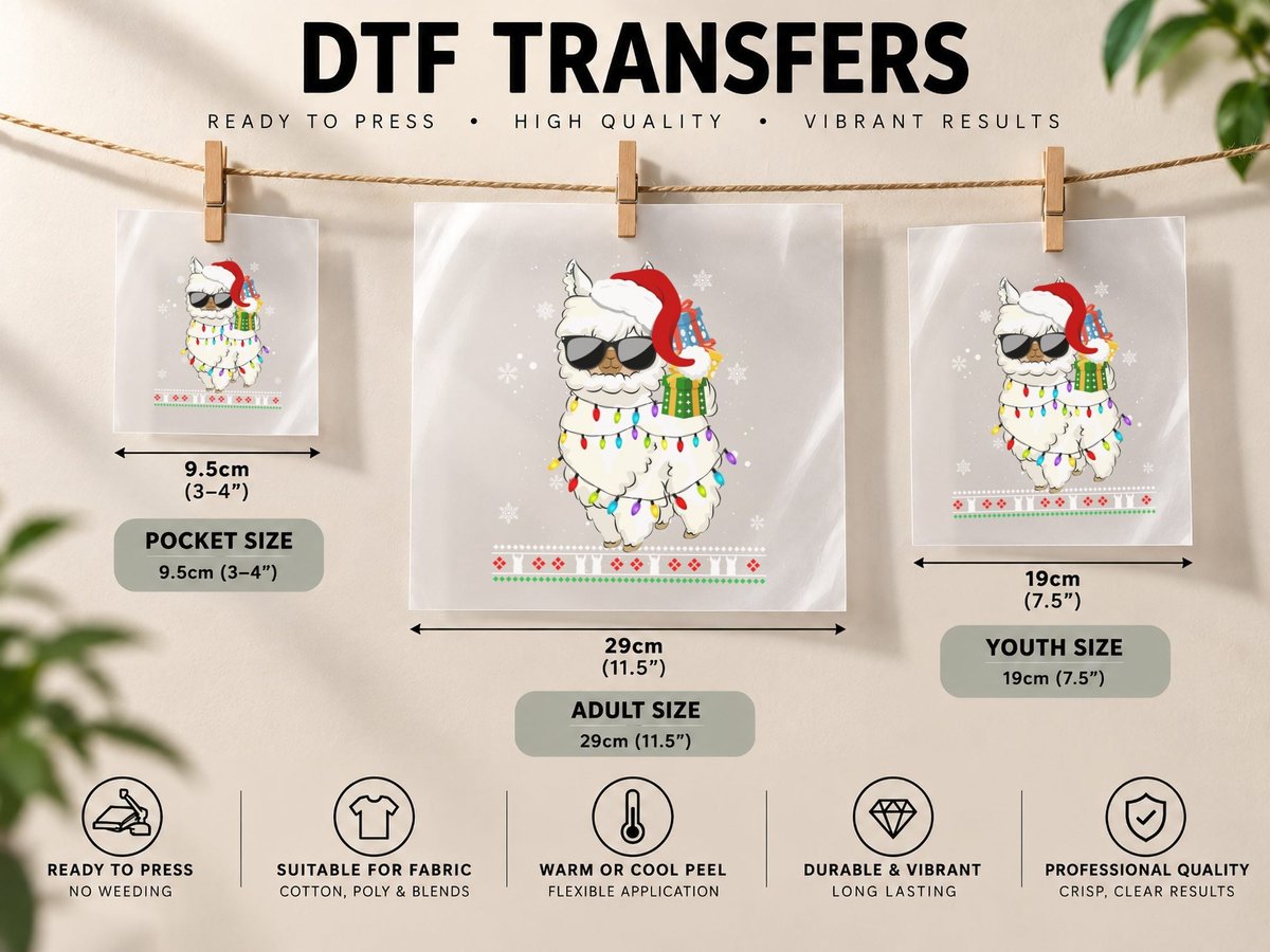 Festive Llama Christmas, Holiday Lights, Pet Lover DTF Transfer Iron On
