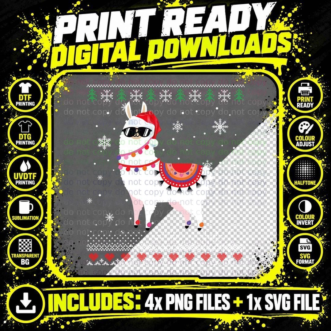Festive Llama T-Shirt, Christmas Holiday Style Png SVG Digital Bundle