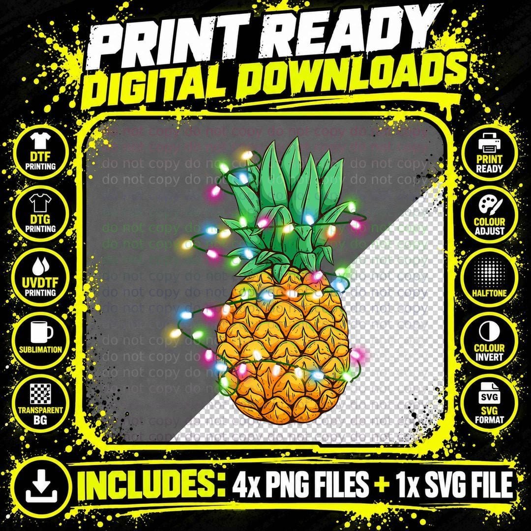 Festive Pineapple T-Shirt, Christmas Lights Theme Png SVG Digital Bundle