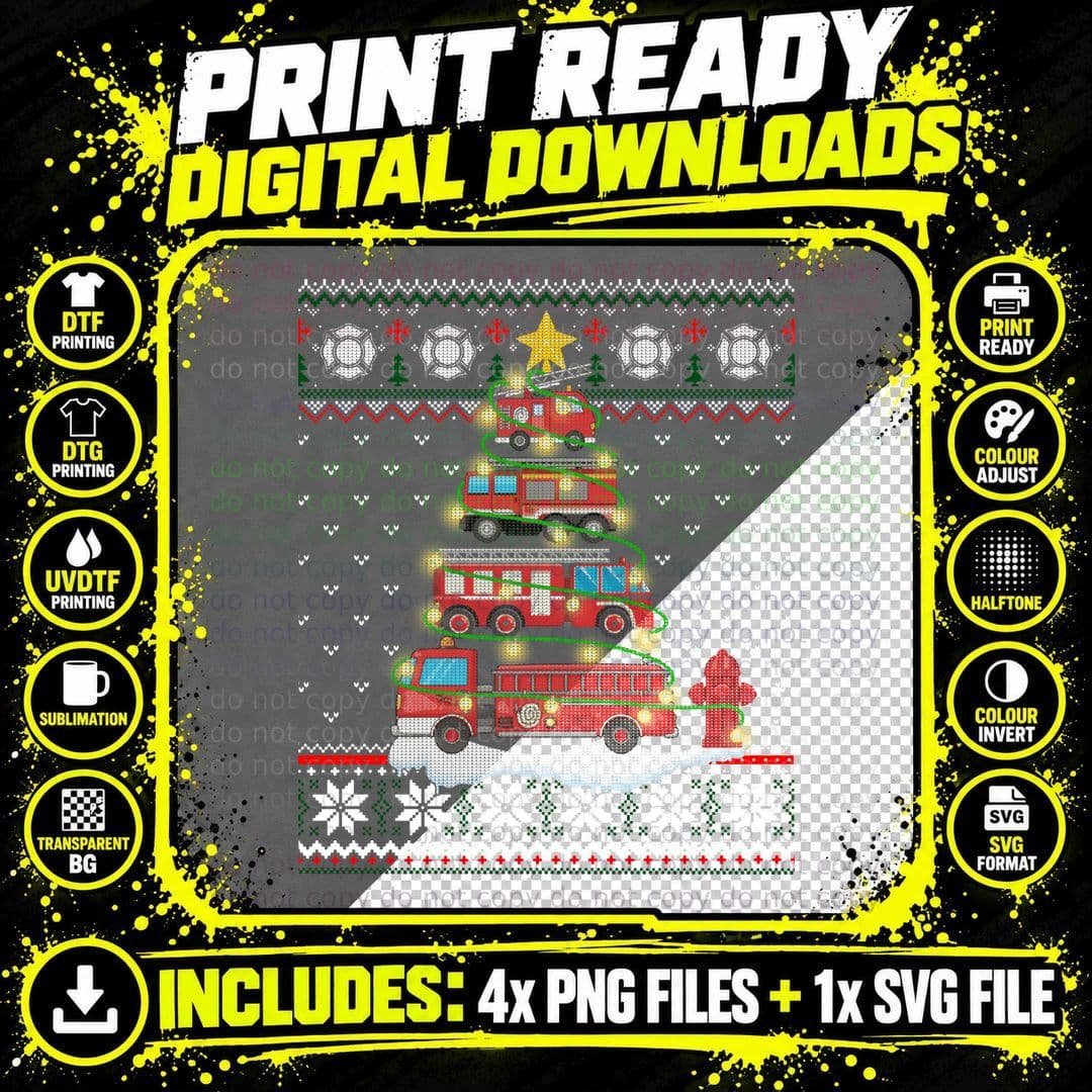 Fire Truck Christmas Tree Ugly Sweater Sweatshirt Png SVG Digital Bundle