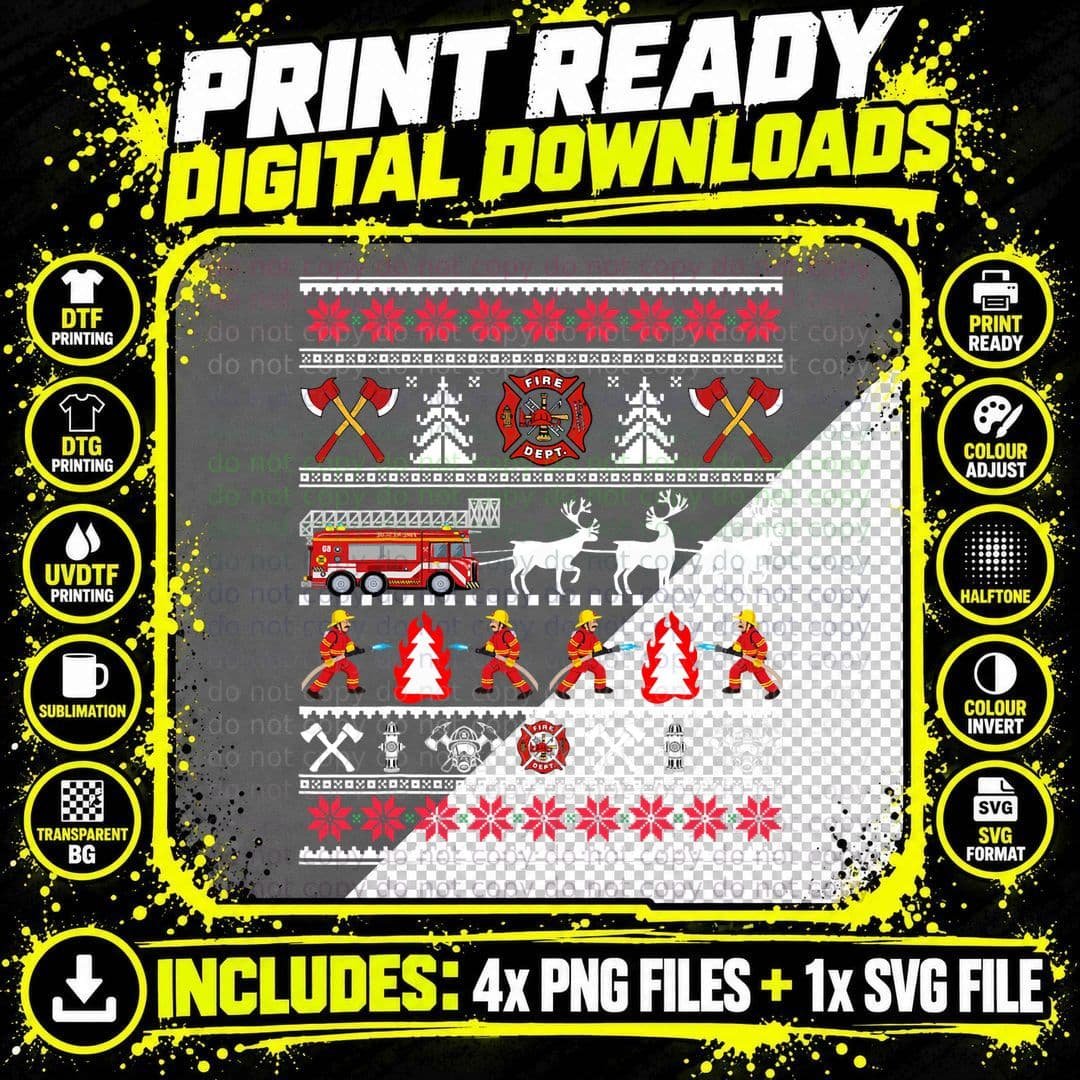 Firefighter Ugly Christmas Sweater Png SVG Digital Bundle