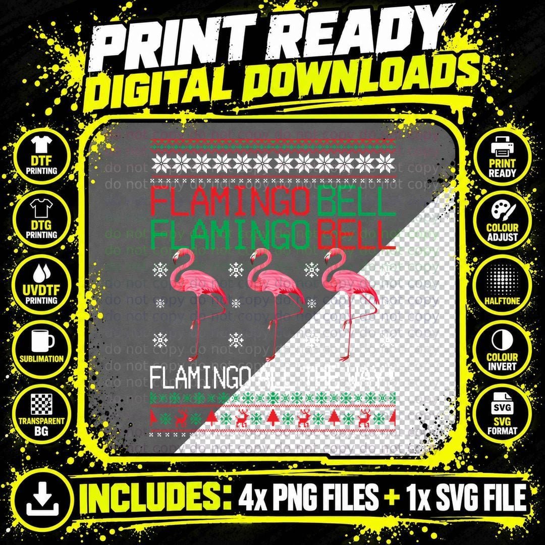 Flamingo Bells T-Shirt, Christmas Holiday Print Png SVG Digital Bundle