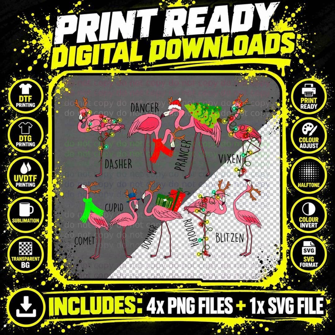 Flamingo Christmas Reindeer T-Shirt Png SVG Digital Bundle