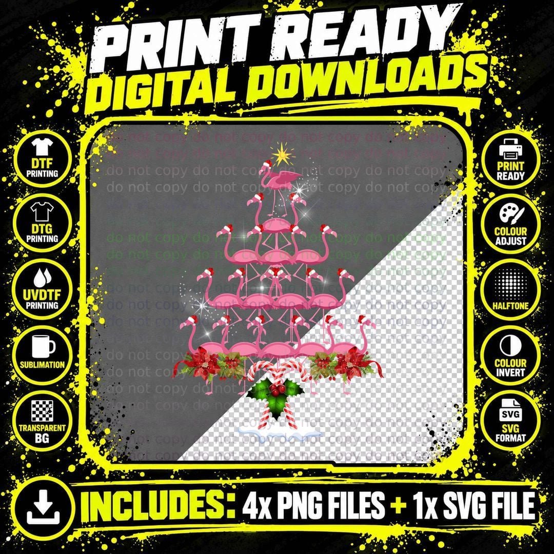 Flamingo Christmas Tree T-Shirt, Festive Holiday Print Png SVG Digital Bundle