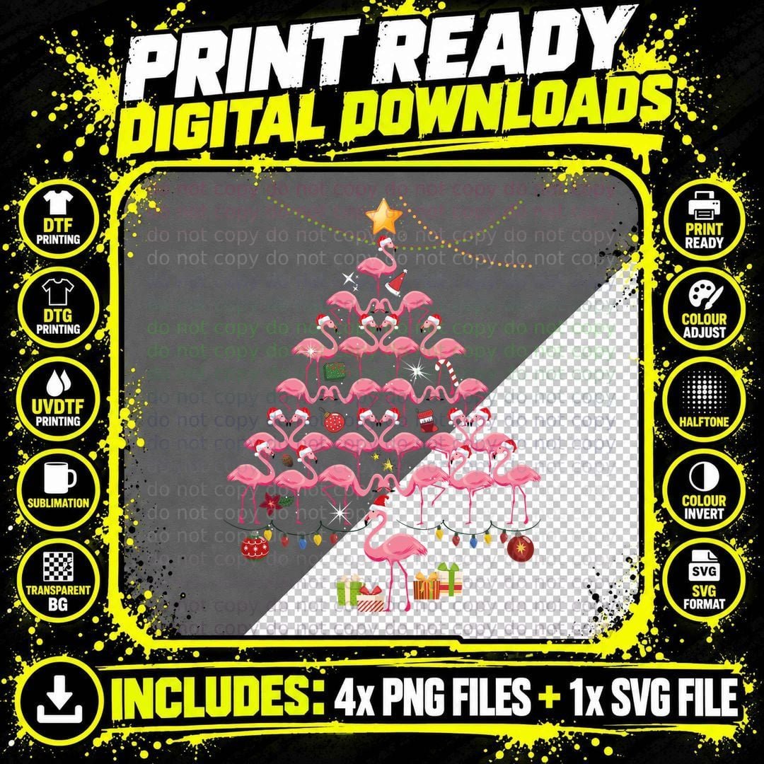 Flamingo Christmas Tree T-Shirt, Festive Holiday Print Png SVG Digital Bundle