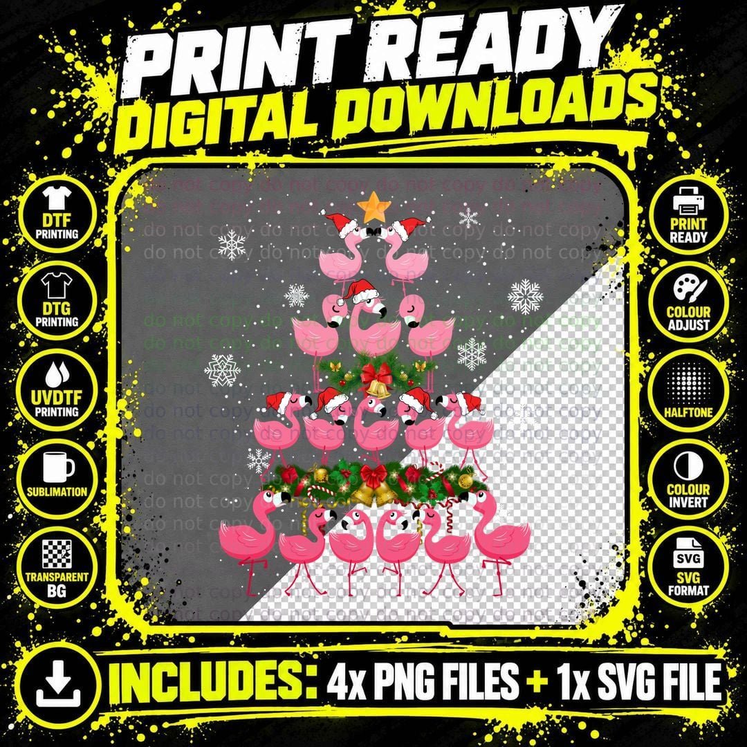 Flamingo Christmas Tree T-Shirt, Festive Holiday Print Png SVG Digital Bundle