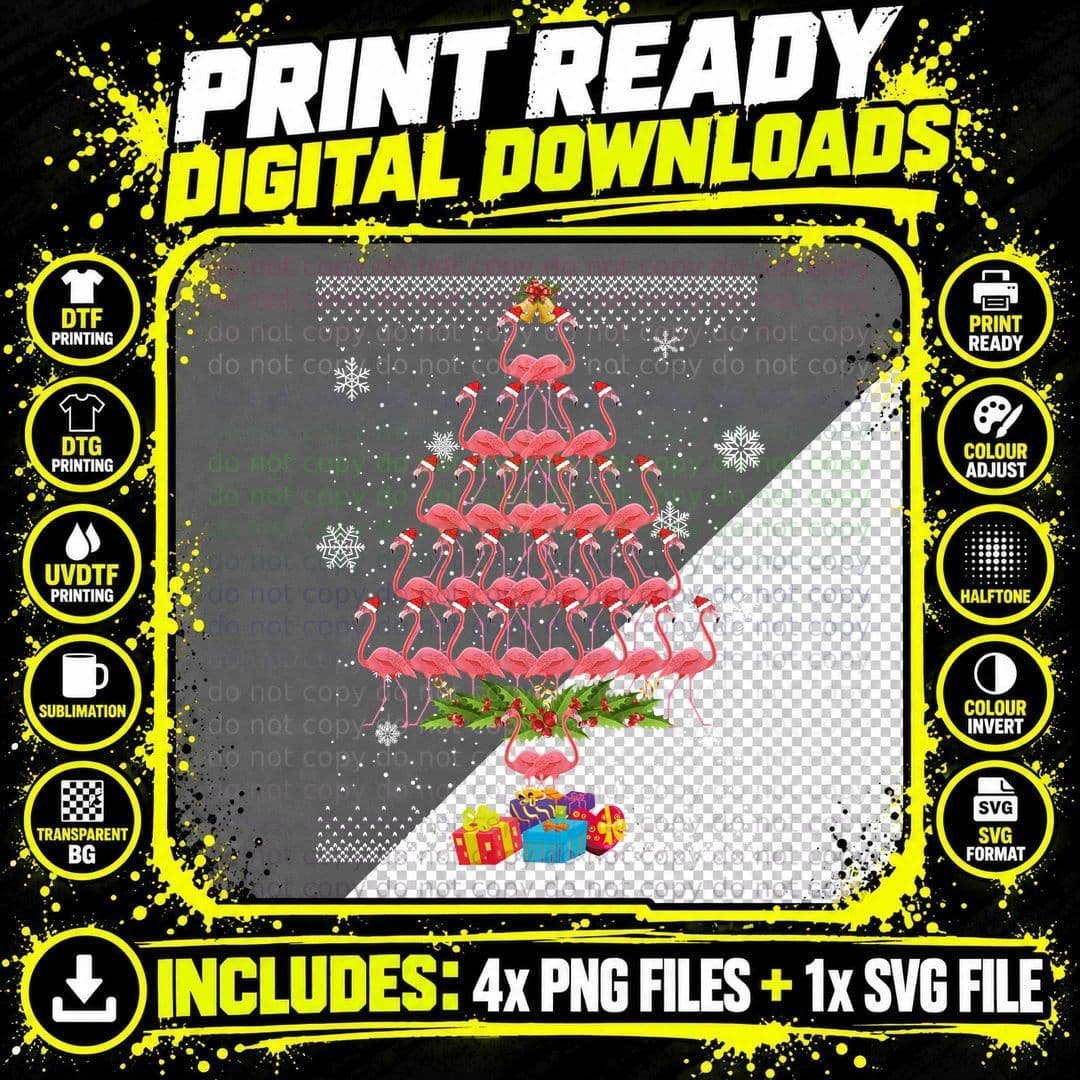 Flamingo Christmas Tree T-Shirt, Festive Holiday Style Png SVG Digital Bundle