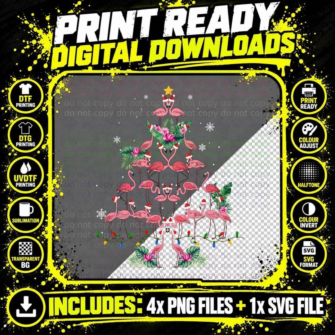 Flamingo Christmas Tree T-Shirt, Tropical Holiday Print Png SVG Digital Bundle
