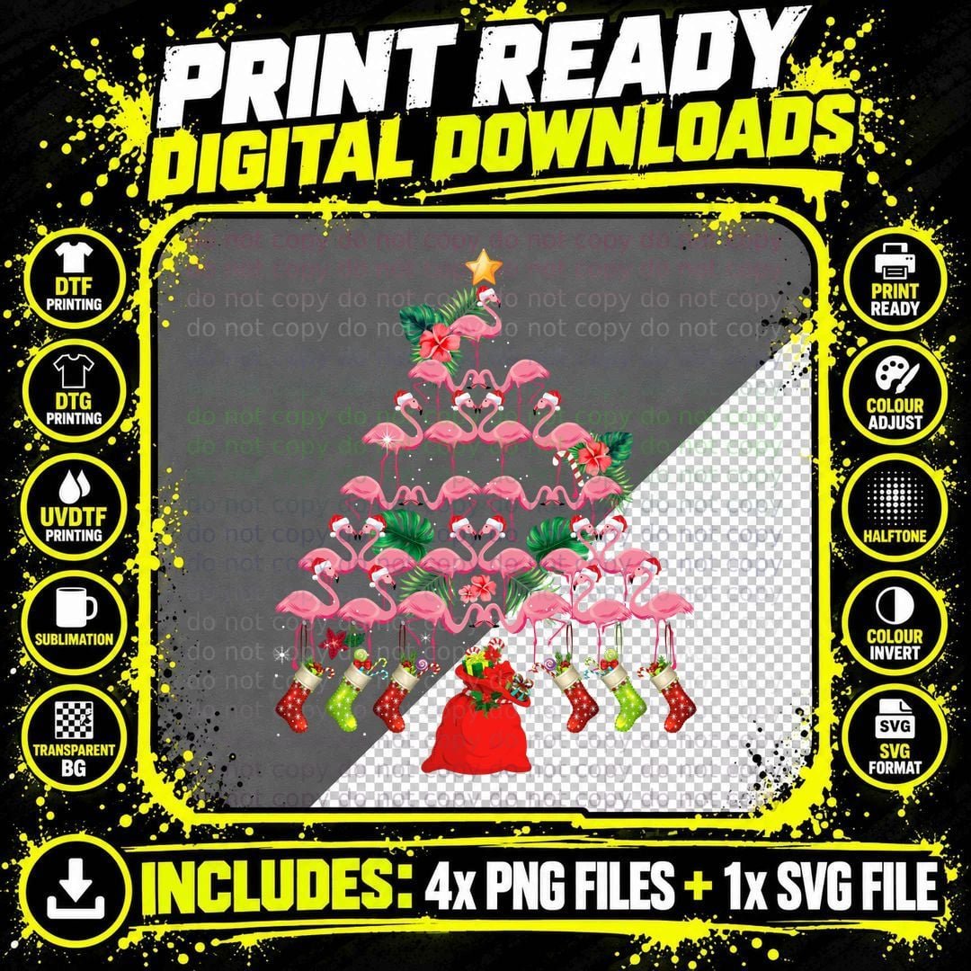 Flamingo Christmas Tree T-Shirt, Tropical Holiday Style Png SVG Digital Bundle