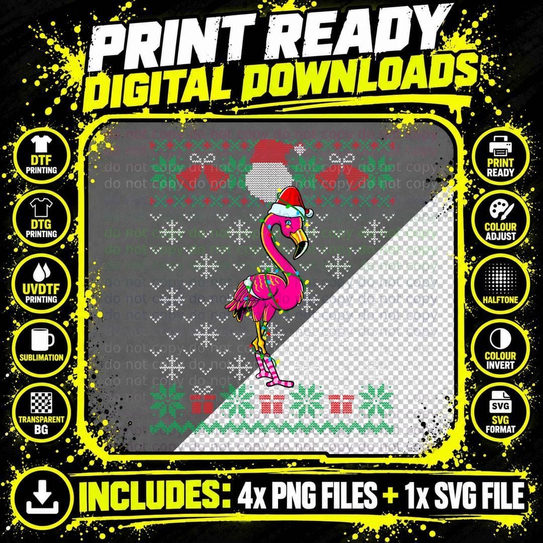 Flamingo Ugly Christmas Sweater, Festive Holiday Print Png SVG Digital Bundle