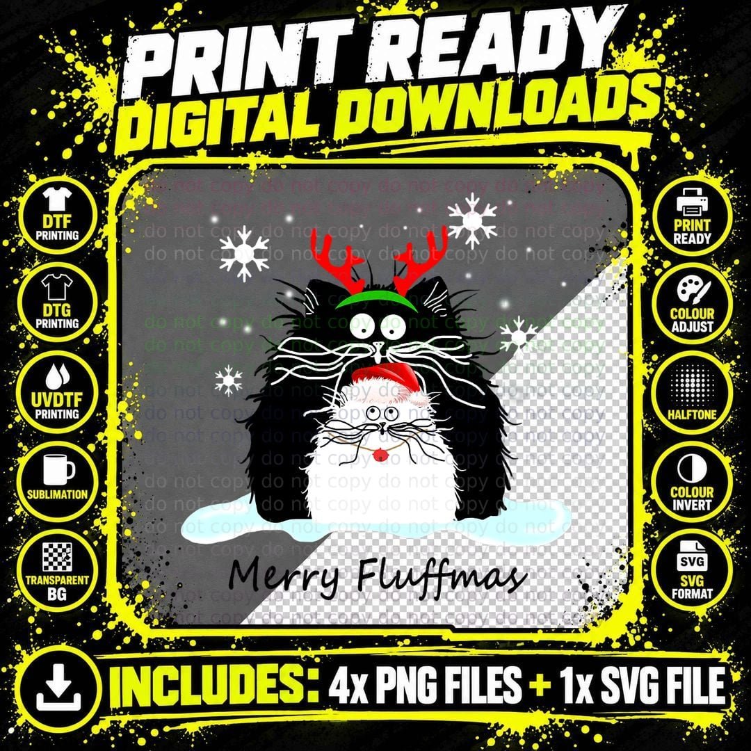 Fluffy Cat Christmas Reindeer T-Shirt Png SVG Digital Bundle