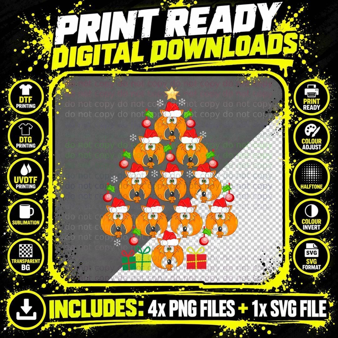 Fox Christmas Tree T-Shirt, Festive Holiday Print Png SVG Digital Bundle